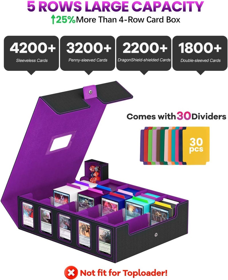 Gomyrod Trading Card Storage Box, 5 Row Card Deck Case with Commander Display & Portable Handle, 4200+ Card Deck Boxes Compatible for MTG TCG Magic Cards, 30 Divider, 8 Supporters, 1 Dice Tray(Black & Purple) - Image 2